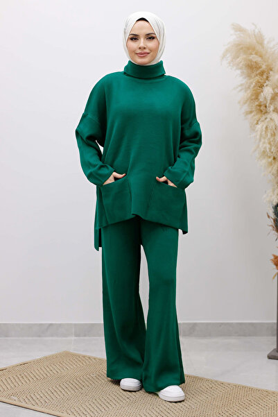 Tesettür Dünyası Double Pocketed Layered Knitwear Set Tsd260109 Emerald Green