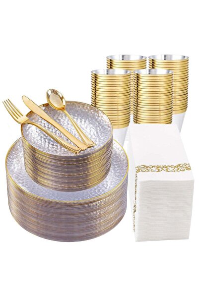 Generic 175-Piece Clear Gold Plastic Dinnerware Set - Disposable Plates, Dess...