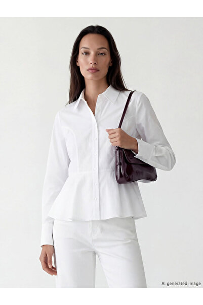 LC Waikiki LCW EVERYDAY Λευκό Γυναικείο Πουκάμισο από Ποπλίνα με Πεπλάμ