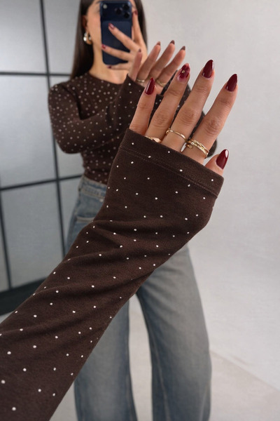 Gaus Brown Stone Detailed Stretch Fabric Blouse