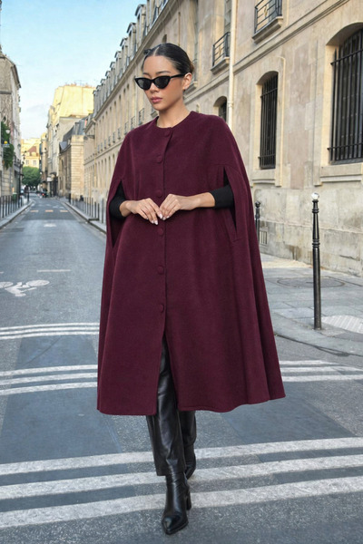 comstar Kadın Günlük Kolsuz Bol Bordo Kaşe Panço