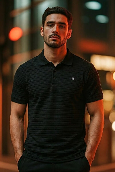 COMBİNE MİCHAİL Men's Short Sleeve Black Loose Polo Collar T-Shirt