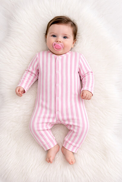 poli foni %100 Pamuklu Kız Bebek Aylık Pembe Çizgili Önden Çıtçıtlı Tulum
