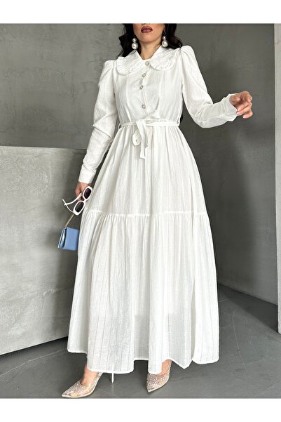 merve ada design Kadın Bebe Yakalı Düğme Detaylı Pamuk Elbise