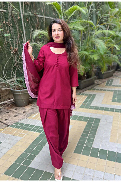 ZERE طقم شالوار بوتلي فارشي من قطن الخالص باللون الماروني