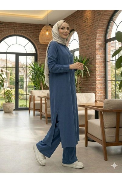Butik Kardelen Camelya Boydan Düğmeli Yırtmaç Detaylı İkili Takım 10824