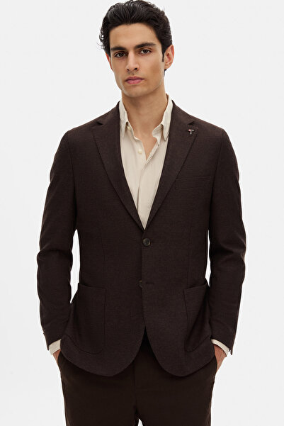 Tween Slim Fit Kahverengi Diyogonal Kumaş Ceket