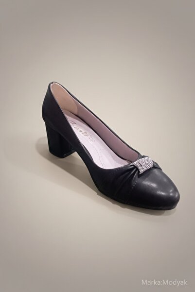 Modayak Elegant Black Leather Thick Heel Yuv Round Toe Summer Stone Heel Shoes