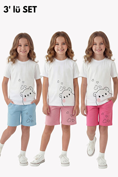 FYK KİDS Σετ 3 τεμαχίων καλοκαιρινό με στρογγυλή λαιμόκοψη και λεπτομέρεια εκ...