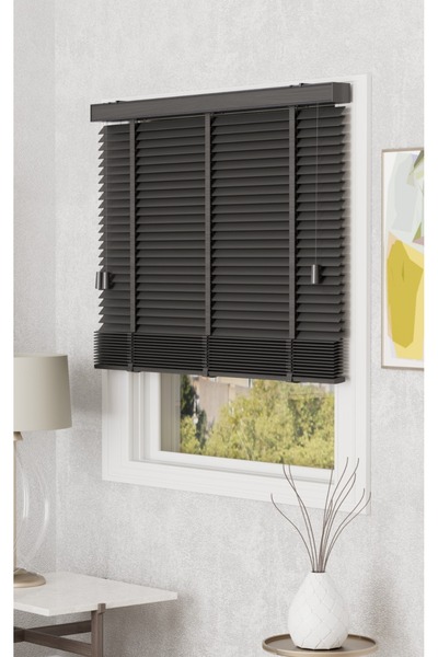 MEGALUX % 100 Doğal Ahşap Jaluzi Antrasit Renk 50 mm Kurdeleli İp Çekme Sistem