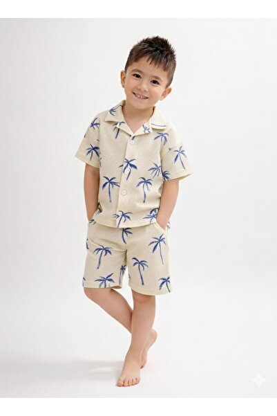 YİGİT BUTİK Set de vară pentru băieți, cămașă și pantaloni scurți din țesătur...