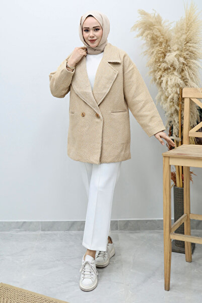 Tesettür Dünyası Pocketed Herringbone Patterned Coat Tsd260129 Beige
