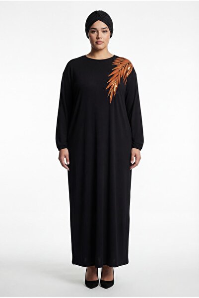 Ebsumu Women's Plus Size Sequin Detailed Long Sleeve Black-Yellow Dress