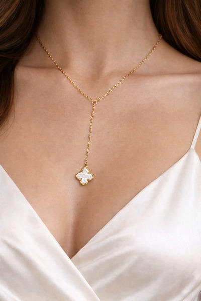 Tixy Pixy 316L Paslanmaz Çelik Y Kolye, Beyaz Yonca Detaylı Gold Kadın Kolye