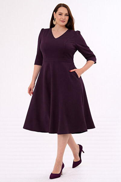 RURIS Kadın Mürdüm V Yaka Cepli Truvakar Kol Midi Kloş Double Kumaş Büyük Bed...