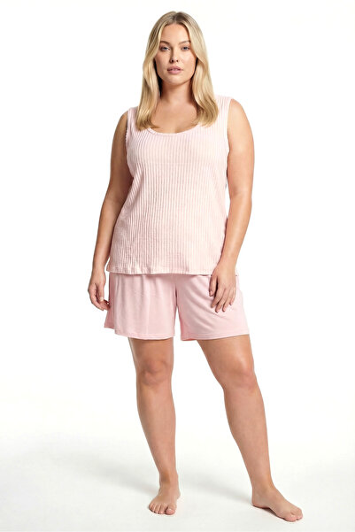 Akbeniz Women's Plus Size Corded Fabric Shorts Pajama Set – Powder