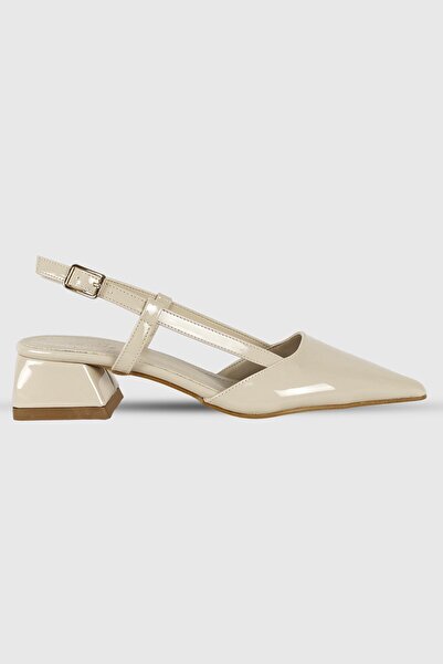 Modezya Vanessa Beige Patent Leather Back Buckle Pointed Toe Heeled Shoes