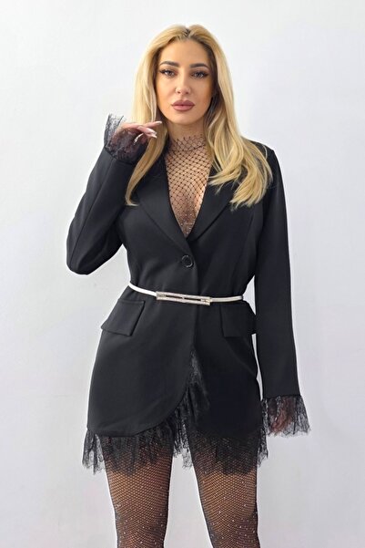 FashionForYou ELVIA long slim jacket with lace and decorative pockets, Black,...