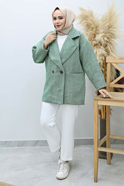 Tesettür Dünyası Pocketed Herringbone Patterned Coat Tsd260129 Green