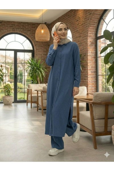 Butik Kardelen Camelya Boydan Düğmeli Yırtmaç Detaylı İkili Takım 10824