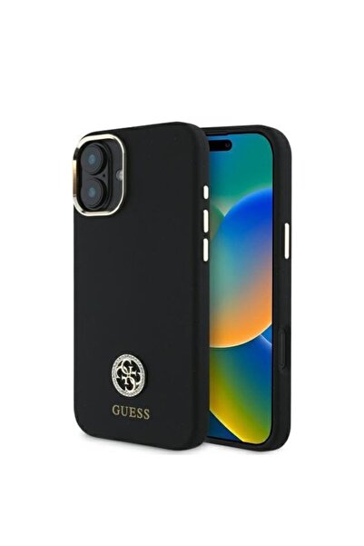 Guess Carcasă pentru iPhone 16, silicon cu logo și strasuri 4G, neagră