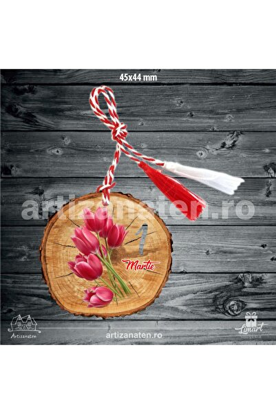 LimArt Martisor in forma de felie trunchi de copac, model cu lalele si cu snu...