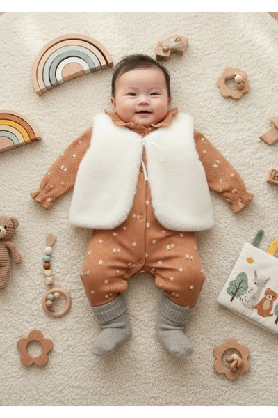 The Clover Baby Plush Vest Set Ruffle Collar Booties Jumpsuit Set, Set of 2