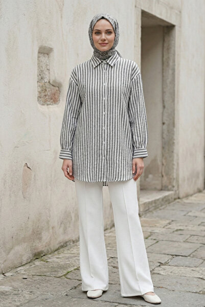 Kirazgym Women's Buttoned Striped Linen Shirt - Black