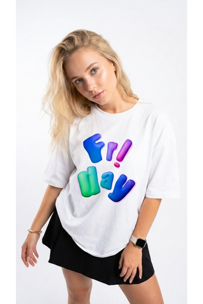 HOXİE Women's Solid Color Fri Day Digital Print Pack Crew Neck Basic T-Shirt