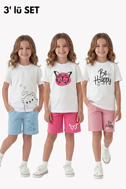 FYK KİDS Σετ 3 τεμαχίων καλοκαιρινό με στρογγυλή λαιμόκοψη και λεπτομέρεια εκ...