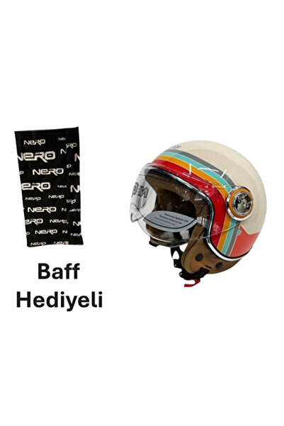 Nero TK06 ÇENESİZ YARIM KASK KREM -TURUNCU (S) + BAFF HEDİYELİ