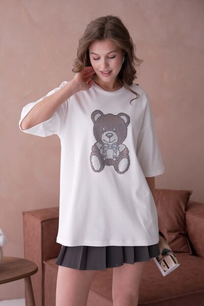 Noi Belis oversized Πλεκτό μπλουζάκι Teddy Bear με τύπωμα SS26TS0022