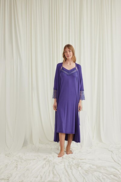 MONAMİSE طقم روب نسائي بياقة منخفضة وأكمام دانتيل 18573