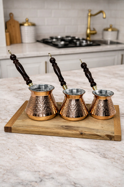 teberrik dükkan Lüks 3lü Bakır Görünümlü Cezve Takımı 3 boy set
