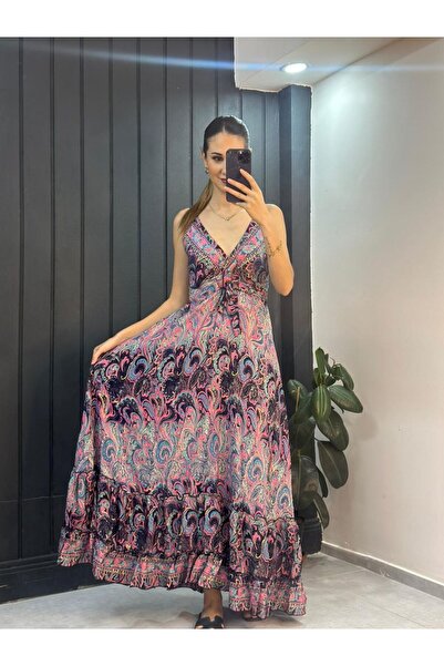 YNSGİYİM Yns Bohemi̇an Back Elastic Patterned Dress Bohem Authentic