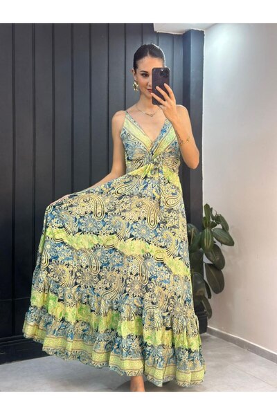 YNSGİYİM Yns Bohemi̇an Back Elastic Patterned Dress Bohem Authentic