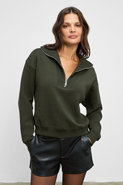 GRIMELANGE Endora women's soft Fleece fabric collar zippered regular khaki sw...