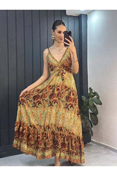 YNSGİYİM Yns Bohemi̇an Back Elastic Patterned Dress Bohem Authentic