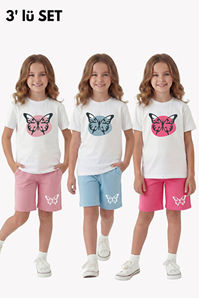 FYK KİDS Σετ 3 τεμαχίων καλοκαιρινό με στρογγυλή λαιμόκοψη και λεπτομέρεια εκ...