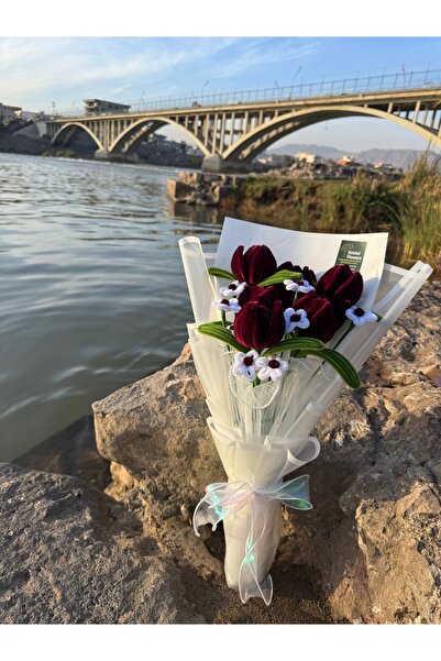 Kristal Flowers 6’lı Bordo Yapay Lale Buketi -Şönil