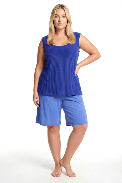 Akbeniz Women's Plus Size Corded Fabric Pajama Set with Shorts – Cobalt Blue