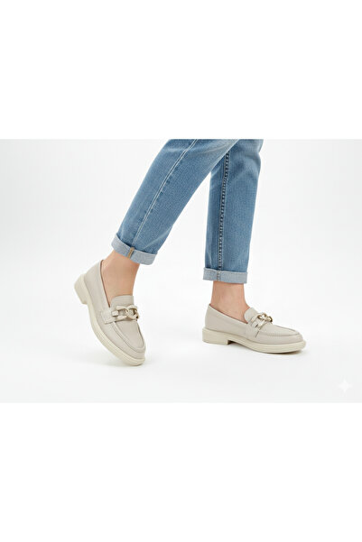 oflamaz Women's Shoes Loafers Leather Chain Detail Suitable for Daily Wear