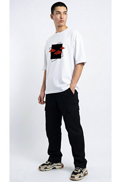 HOXİE Men's Oversized Solid Color Bulut Digital Print Pack Crew Neck Basic T-...