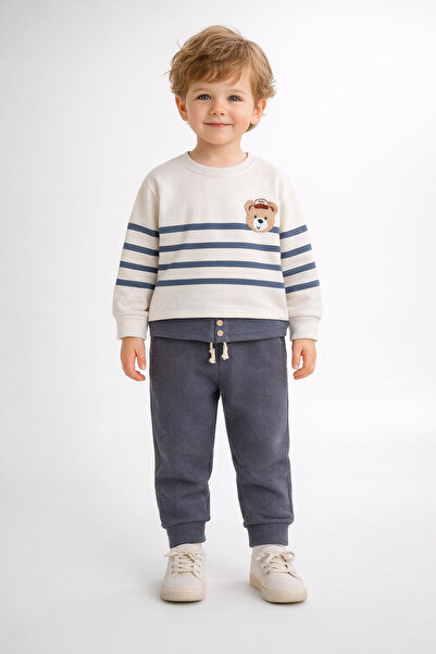 dinamik çocuk Erkek Çocuk Çizgili Ayıcık Nakışlı Alt Üst 2li Eşofman Takımı–2...