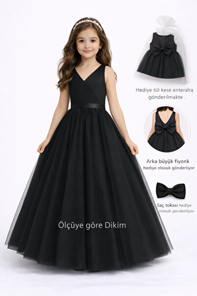 nsmkidslife Κοριτσίστικο μαύρο φόρεμα για τα γενέθλια, διπλό στήθος, μακρύ βρ...