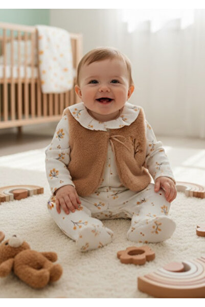 The Clover Baby Girl Plush Vest Set Floral Romper Set with Ruffle Collar