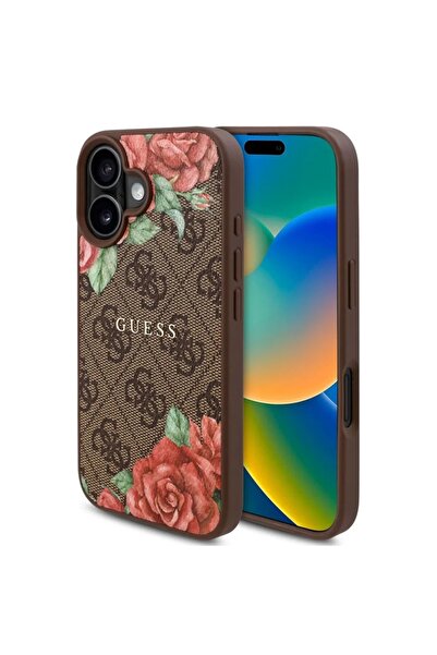 Guess Carcasă pentru iPhone 16, Hardcase 4G cu imprimeu floral MagSafe, maro