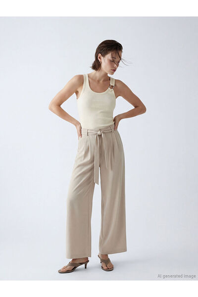 LC Waikiki Γυναικείο παντελόνι LCW Vision σε μπεζ χρώμα με φαρδιά μπατζάκια κ...