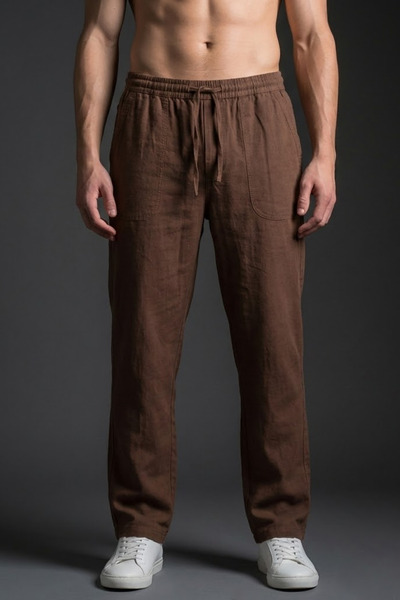 COMBİNE MİCHAİL Men's Casual Wide-Leg Brown Linen Trousers