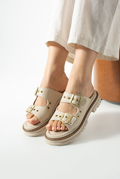 dabab shoes RAVIELA Femei Bej cu bandă dublă, cu cu cataramă dinți, talpă gro...